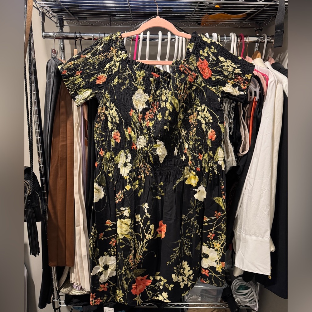 NWT H&M Smocked mini dress, black floral, size XL - Picture 2 of 5